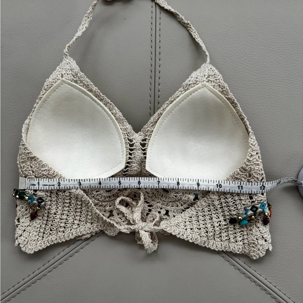 Handmade Summer Knit Halter Crop Top with Tasseled Beads - Picture 5 of 5